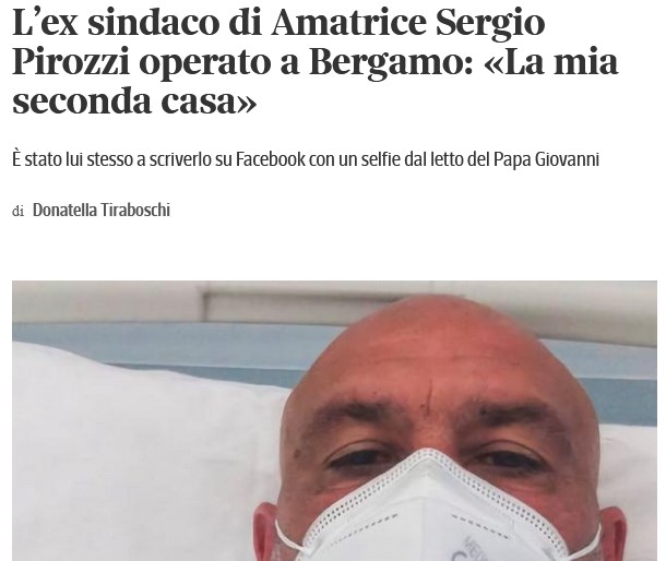 L’ex sindaco di Amatrice Sergio Pirozzi operato a Bergamo: «La mia seconda casa»